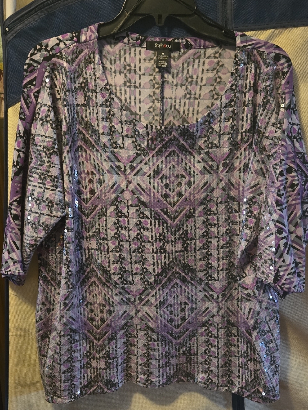 Style & Co. Purple Geometric Sequin Blouse